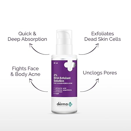 The Derma Co 2% BHA Exfoliant Solution with Salicylic Acid & Tasmanian Pepperberry For Clogged Pores & Acne - 50 ml