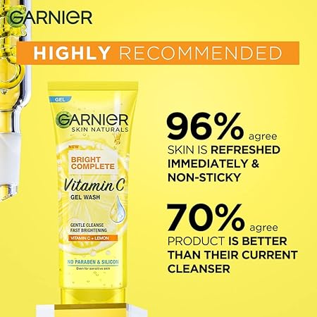 Garnier Facewash Gel, Gentle Cleanser, Fast Brightening, For Instant Brighter Skin, Bright Complete Vitamin C, 100g